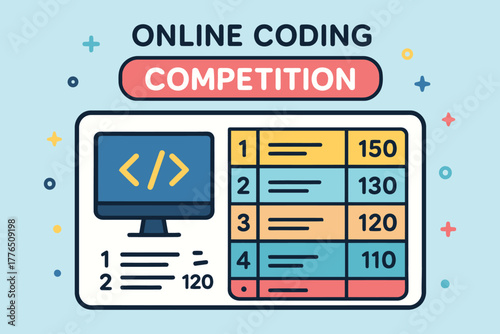 Online coding competition scoreboard with computer screen and leaderboard