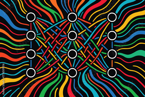 Abstract neural network with colorful wavy background and interconnected nodes