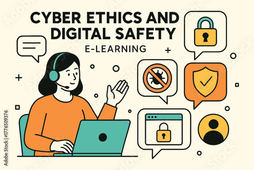 Cyber ethics and digital safety e learning with online security icons