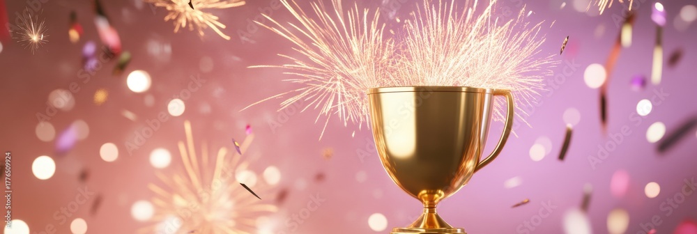 Naklejka premium Golden trophy with sparkling confetti and fireworks celebration