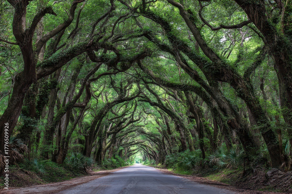 Fototapeta premium Edisto Island Tree Tunnel: A Dark Canopy of Botany Bay Backcountry in Coastal South Carolina