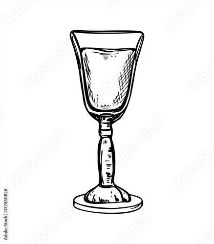 Small stemmed glass with alcoholic beverage monochrome vector line art black ink sketch. Glass shot with limoncello, schnapps or brandy graphic illustration for bar menu, cocktail design, poster