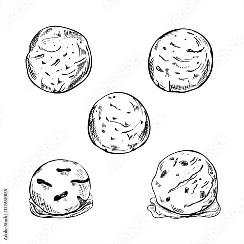 Ice cream scoops set vector isolated illustration painted by black inks. Monochrome sweet fruit sorbet ball with different flavors clip art etching drawing for food blog, summer packaging design.