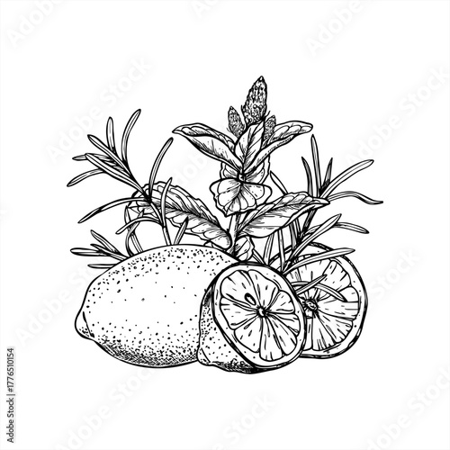 Fresh lemons, mint and rosemary leaves vector isolated illustration painted by black inks. Monochrome whole citrus and halved fruit among aromatic herbs. Ingredients etching drawing for winter drinks