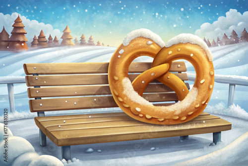 Large golden pretzel sprinkled with coarse salt resting on icy park bench, showing contrast between warm bakery food and frozen environment