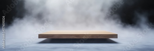 Wooden platform with mysterious misty background for product display