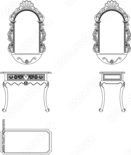 Vector sketch illustration silhouette design of a classic vintage ethnic traditional retro dressing table chair full of carvings
