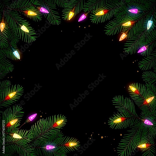 Festive evergreen branches with colorful lights, holiday border on dark background, copy space in center