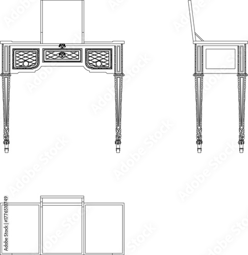 Vector sketch illustration silhouette design of a classic vintage ethnic traditional retro dressing table chair full of carvings