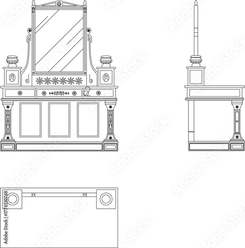 Vector sketch illustration silhouette design of a classic vintage ethnic traditional retro dressing table chair full of carvings 