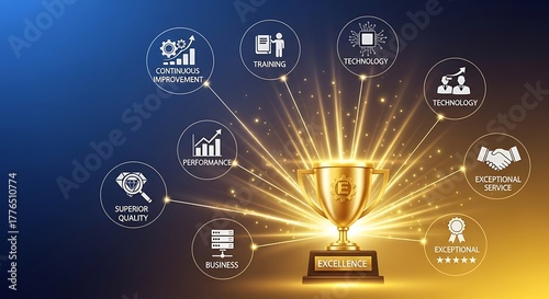 Business Excellence Strategy with Golden Trophy and Success Icons