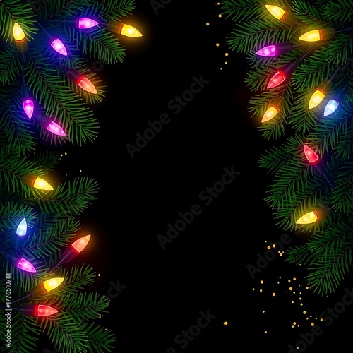 Festive evergreen branches with colorful lights, holiday border on dark background, copy space in center