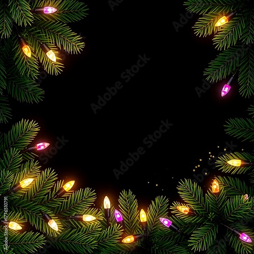 Festive evergreen branches with colorful lights, holiday border on dark background, copy space in center