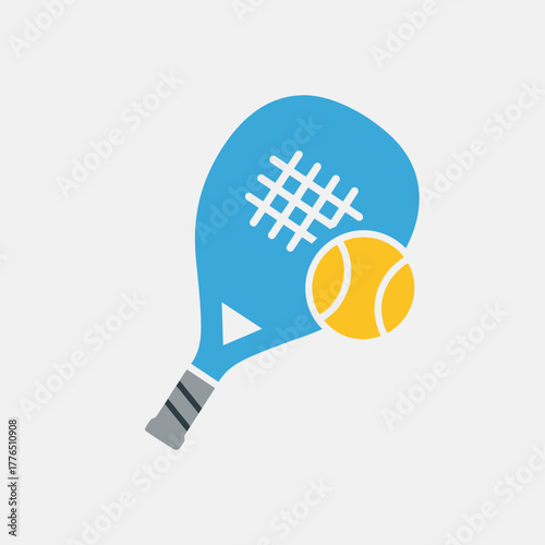 Blue tennis racket with yellow ball and white net pattern.