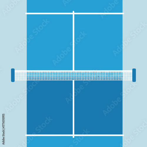 Blue tennis court with white net and lines.