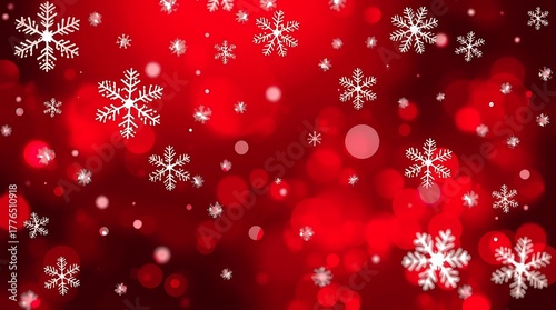 Red festive holiday background with white snowflakes and bokeh. Christmas background