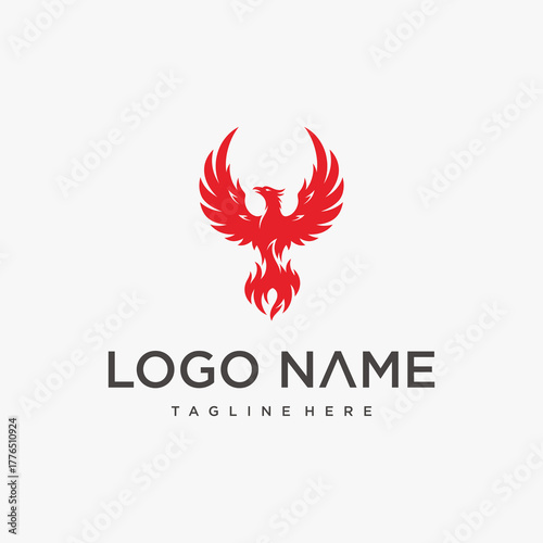 Red Phoenix Rising from Flames Logo Design.