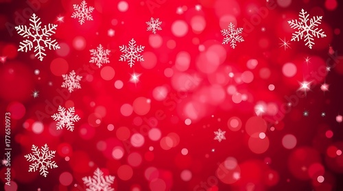 Red festive holiday background with white snowflakes and bokeh. Christmas background