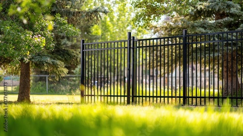 Black Metal Fence Bordering a Lush Green Lawn.