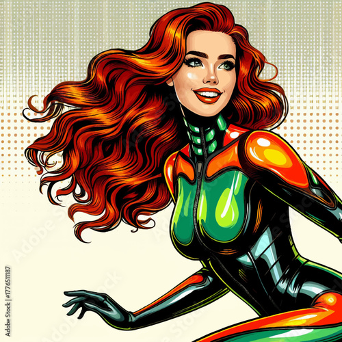 cheerful woman with flowing red hair in a futuristic green and orange bodysuit, striking a heroic pose. Generative ai vector colorful pop art illustration.