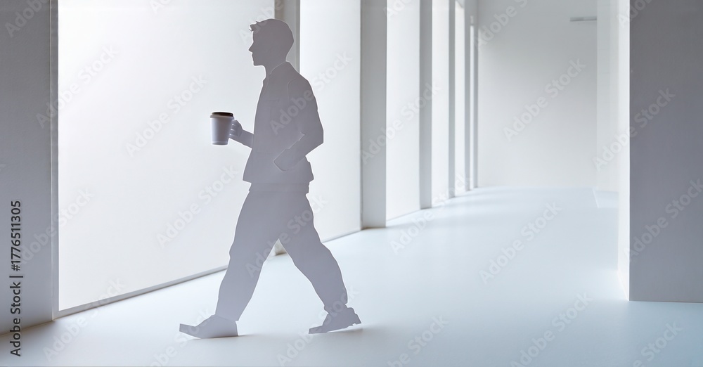 Fototapeta premium Minimalist scene depicts person walking, holding mug. Bright interior, clean lines, modern architecture dominate composition. Soft light creates subtle shadows.