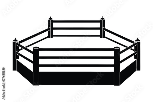 Black silhouette of an empty octagonal fighting ring with wooden posts and ropes on white background