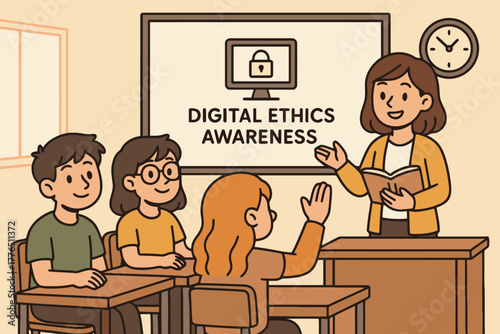 Teacher educating students about digital ethics awareness in a classroom setting