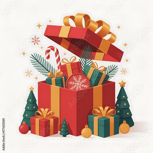 Festive gift box overflowing with christmas presents and decor