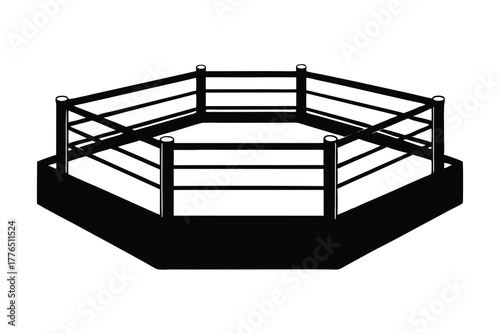 Octagonal fighting arena silhouette with ropes and posts against white background