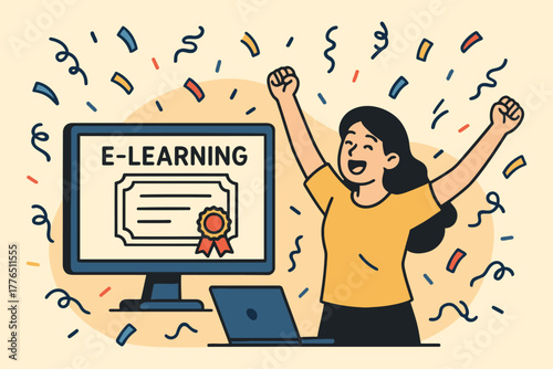 Excited woman celebrates online learning success with diploma and confetti