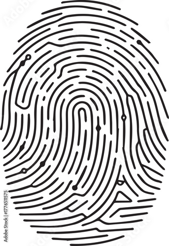 Digital fingerprint biometric identification system concept with abstract circuit board pattern lines representing data security, personal identity verification, access control, and advanced technolog