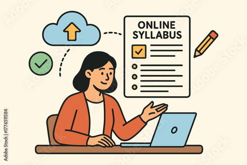 Young woman learning online using laptop and cloud syllabus document