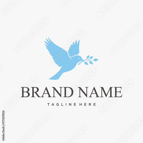 Serene flying dove with olive branch vector logo icon.