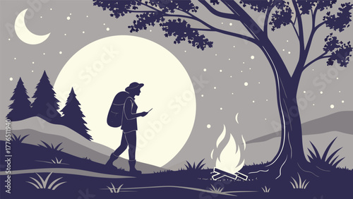 Silhouette of a lone hiker walking under a large full moon and crescent moon at night
