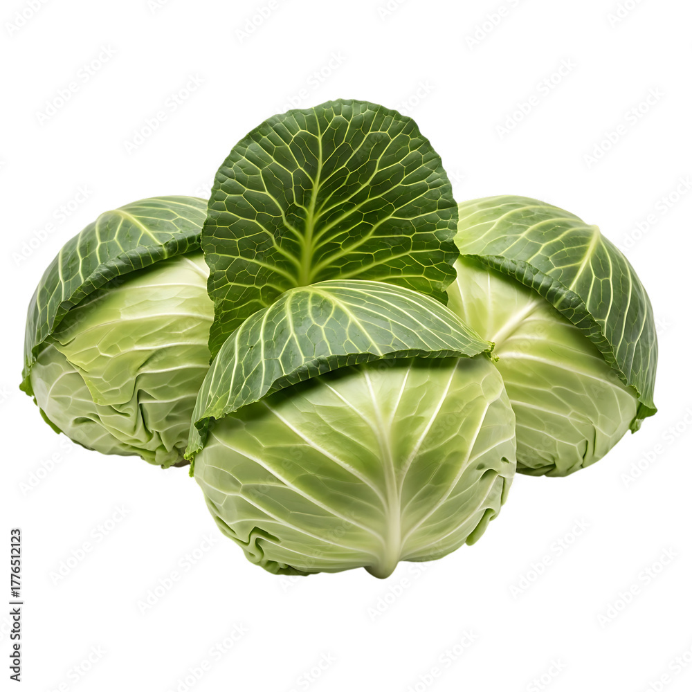 Fototapeta premium Three vibrant cabbages displaying fresh leaves, ready to cook on transparent background