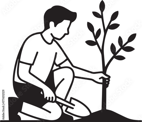 Man kneeling and planting a small tree sapling into the ground with a small shovel, symbolizing environmental care, growth, future investment, sustainability, ecological responsibility, and a greener 