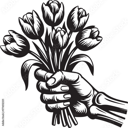 Skeleton Hand Tulip Bouquet Dead Rose Gift Gifting Florist Floral Illustration