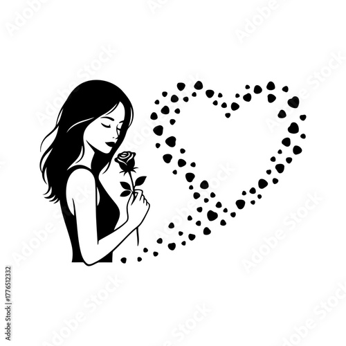 Vector art of elegant woman smelling a rose with heart shape