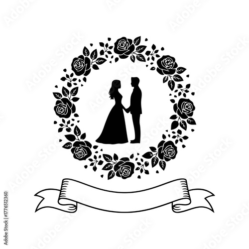 Vector art of wedding couple in floral wreath decoration
