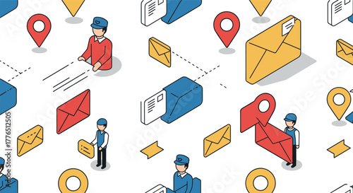 Seamless postal service pattern with 3d isometric design featuring mail icons and delivery workers
