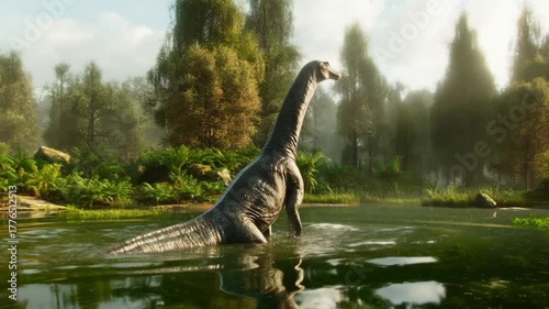 3D paleoart: A long-necked dinosaur swims serenely through a misty, sun-dappled lake surrounded by lush forest, evoking a prehistoric idyll.