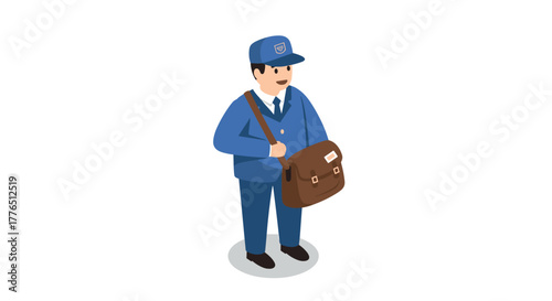Isometric postal worker with mail bag in uniform on white background