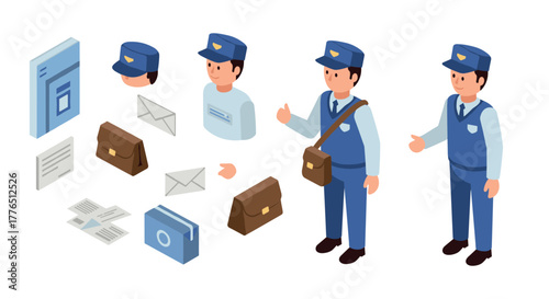 Isometric mailman character set with accessories and uniform variations