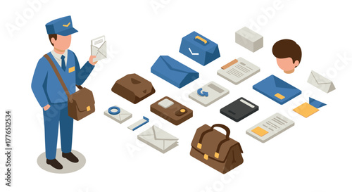 Isometric postal worker with mail essentials and office supplies collection