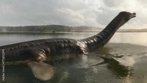 A long-necked plesiosaur, like a prehistoric reptile, emerges partially from calm lake waters under a cloudy sky near wooded shores. Paleoart video portrait. 