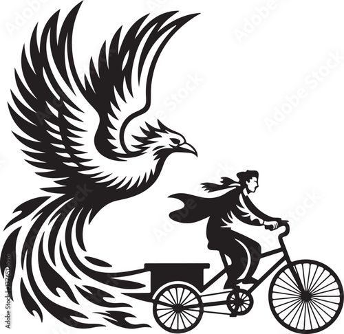 Phoenix Biker Courier Rising from Ashes Abstract Illustration Sporty Transport