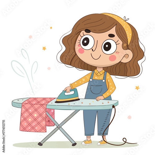 A cute cartoon woman ironing clothes with a happy expression