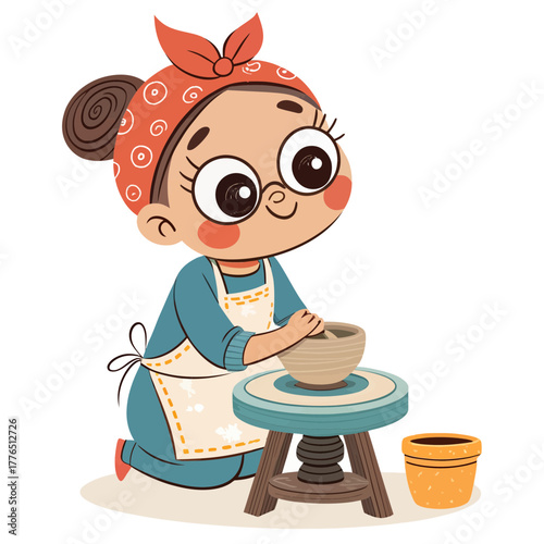 A Cute Cartoon Girl Making Pottery on a Wheel