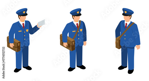 Isometric mail carrier in uniform with bag and envelope in various poses