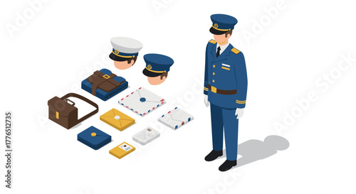 Isometric postal service concept with postal uniform and various mail items